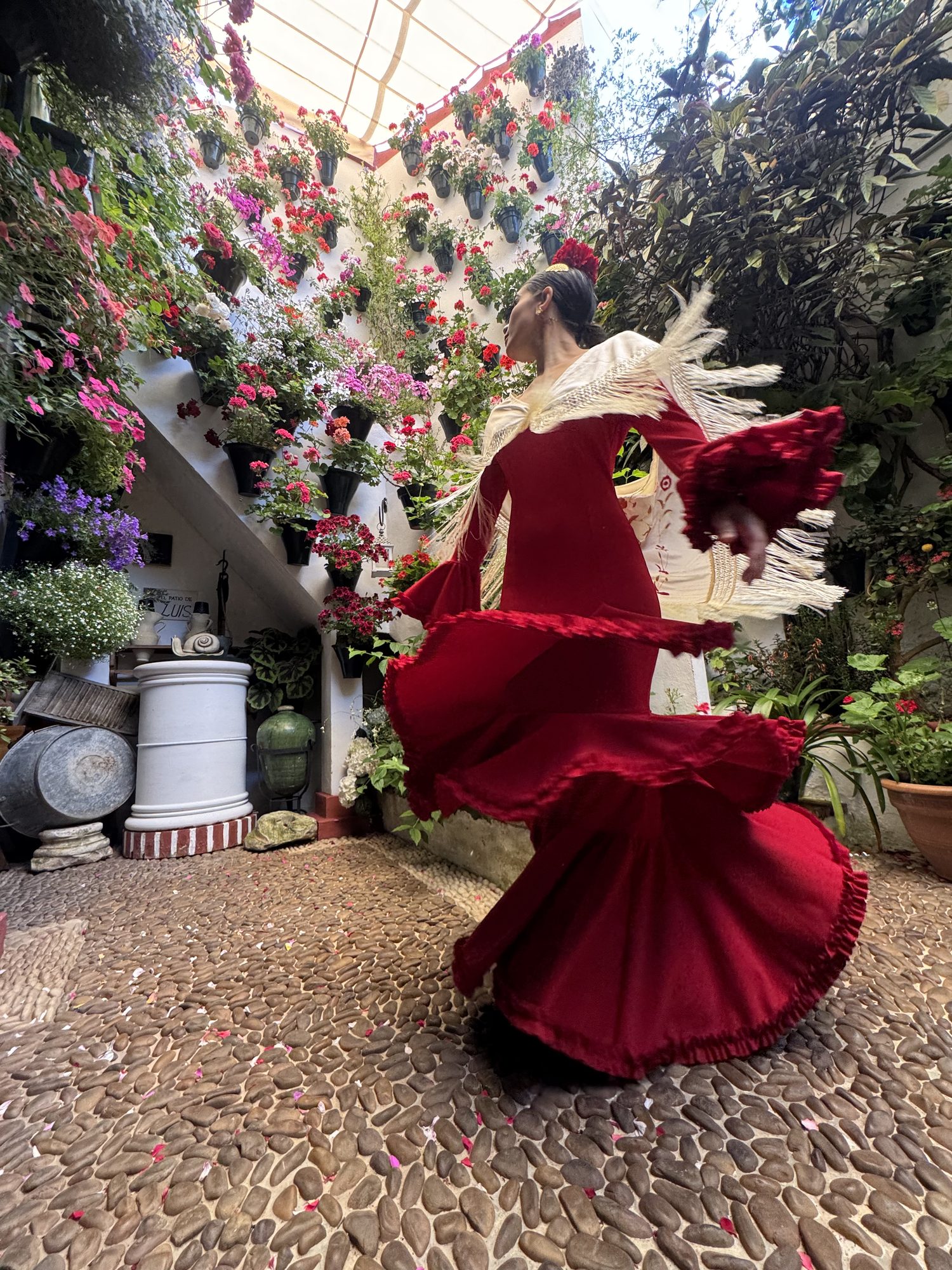 Bailaora con traje de flamenca girando en un patio cordobés cubierto de macetas de geranios